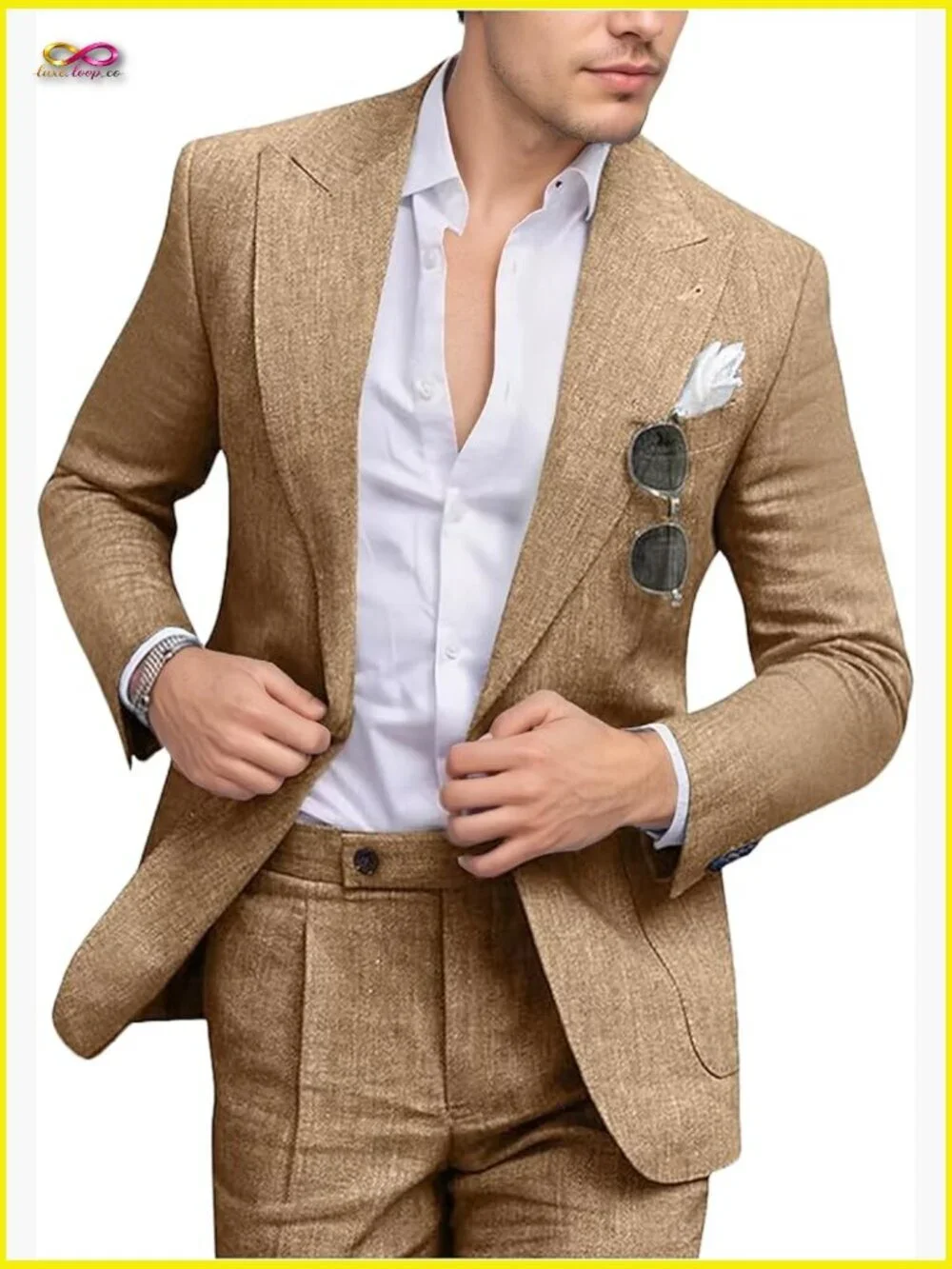 Slim Fit Linen Suit Two Piece Set Peak Lapel Blazer Pants Formal Casual